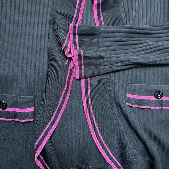 Exclusively Missook Fine Sheer Knit Ribbed OpenCardigan Magenta Ruffle Trim Flaw - Picture 7 of 11